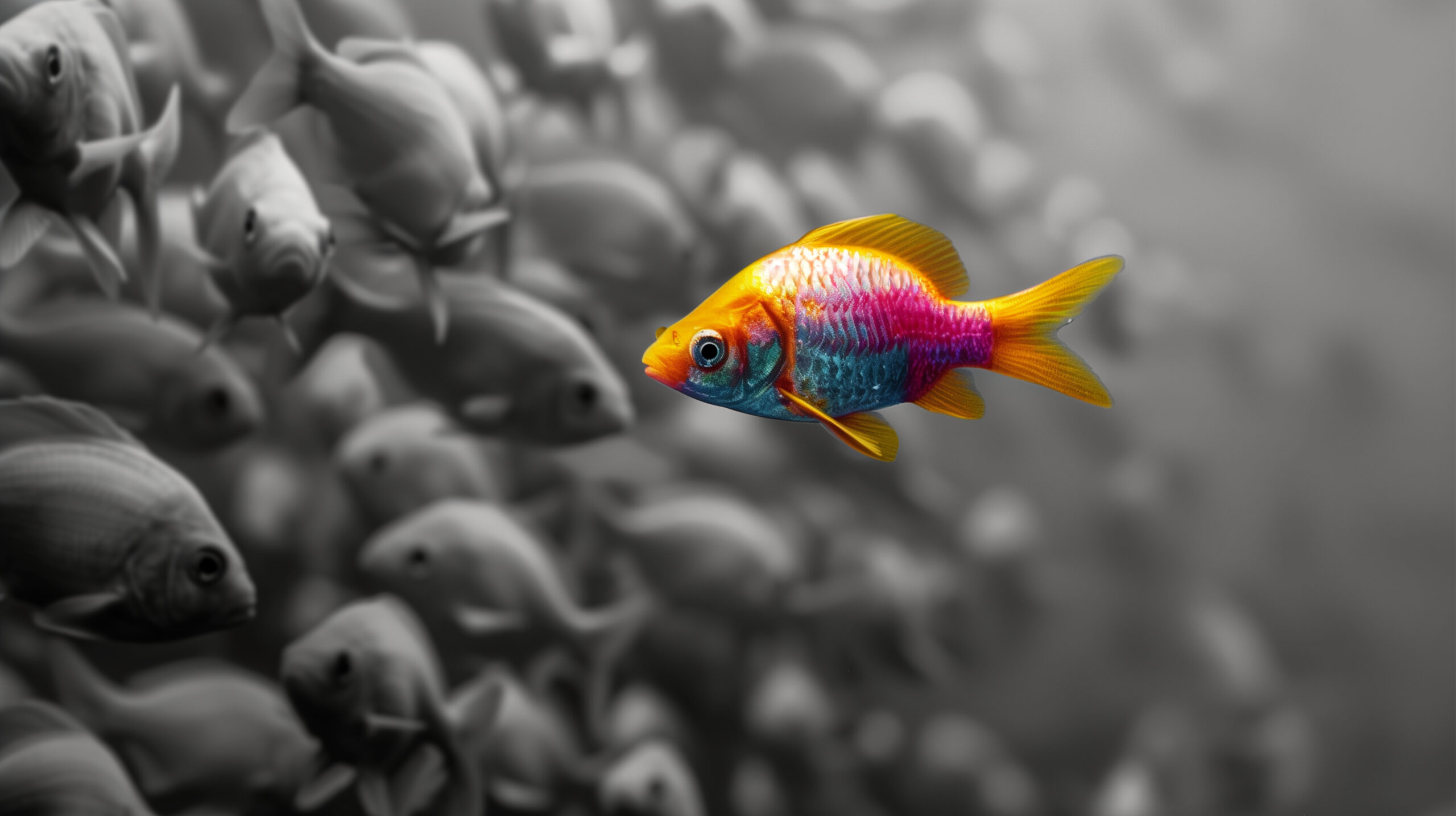 A single, golden fish swimming against the current among a school of silver fish